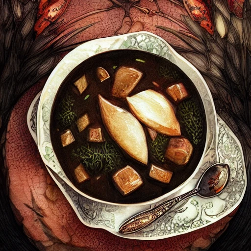 book illustration of (a bowl of Stew), concept, d & d, high fantasy, detailed, digital art, artstation, smooth, sharp focus, fantasy, intricate, elegant, highly detailed, digital painting, concept art, illustration, artstation trending, pixiv, deviantart, (((white background))), Water Color