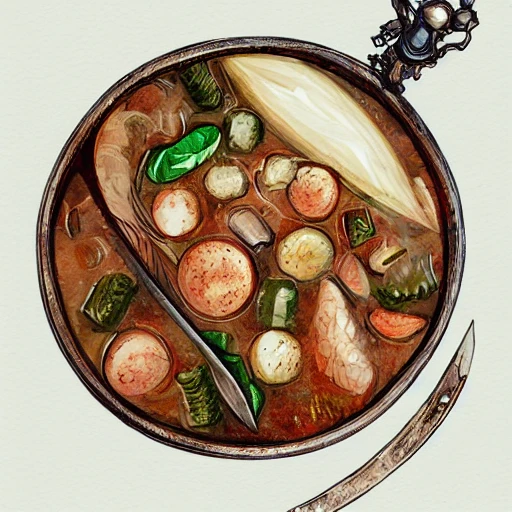 book illustration of (a bowl of Stew), concept, d & d, high fantasy, detailed, digital art, artstation, smooth, sharp focus, fantasy, intricate, elegant, highly detailed, digital painting, concept art, illustration, artstation trending, pixiv, deviantart, (((white background))), Water Color