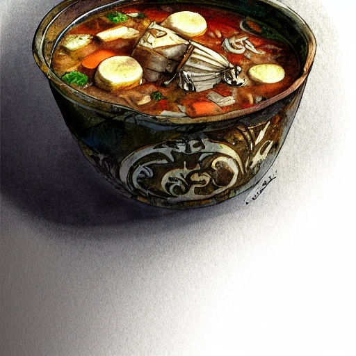 book illustration of (a bowl of Stew), concept, d & d, high fantasy, detailed, digital art, artstation, smooth, sharp focus, fantasy, intricate, elegant, highly detailed, digital painting, concept art, illustration, artstation trending, pixiv, deviantart, (((white background))), Water Color