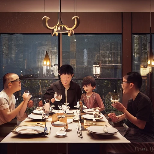 howie lee having dinner with family, Michelin restaurant,  extremely detailed, intricate, olumetric lighting, hyper realistic, concept art, awarding winning photography, octane render