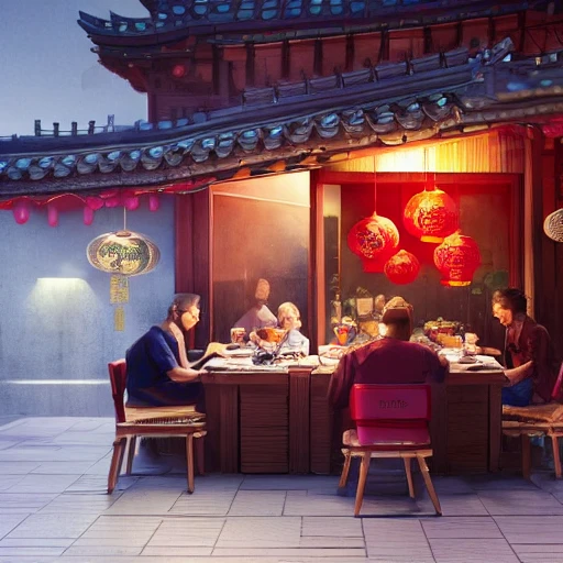 howie lee having dinner with family, Michelin restaurant,  chinese new year, lovely weather ,extremely detailed, intricate, olumetric lighting, hyper realistic, concept art, awarding winning photography, octane render