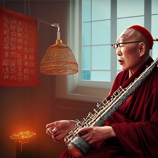 howie lee, beijing musician in studio, old music instrument, chinese man, in front of dalai lama , hell, extremely detailed, intricate, olumetric lighting, hyper realistic, concept art, awarding winning photography, octane render