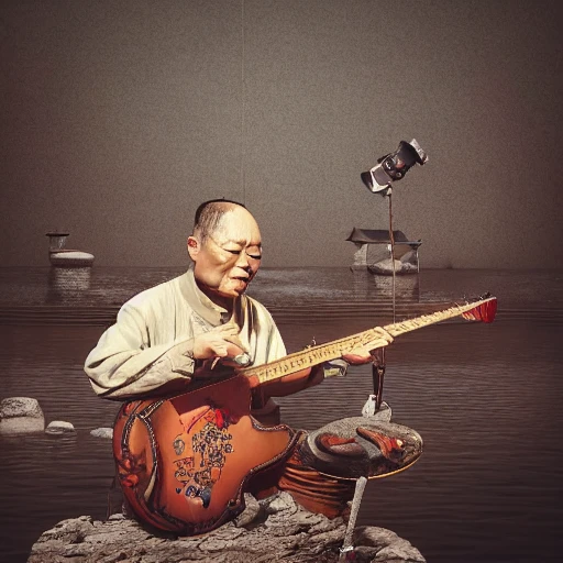 howie lee, beijing musician in studio, old music instrument, chinese man, in front of a lake , hell, extremely detailed, intricate, olumetric lighting, hyper realistic, concept art, awarding winning photography, octane render