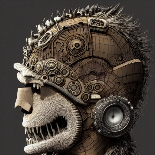 A highly detailed and photorealistic 3D rendering of the punk maximalist head in the dieselpunk world of "Where the Wild Things Are," with a focus on the intricate details and complex structures of the creature. The rendering could be created using a combination of 3D modeling and rendering software, resulting in a highly realistic and immersive image.
