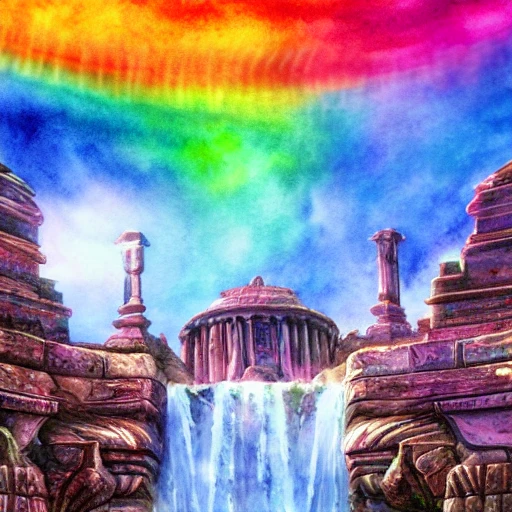   sci-fi beautiful ancient temple, rainbow background, in a epic landscape with a stream,  fantasy, flat light, ultra photo-realistic, intricate, watercolor on paper, masterpiece, expert, insanely detailed, 4k resolution, 