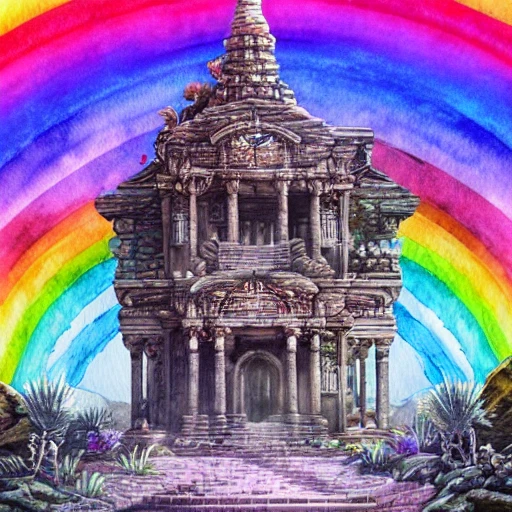   sci-fi beautiful ancient temple, rainbow background, in a epic landscape with a stream,  fantasy, flat light, ultra photo-realistic, intricate, watercolor on paper, masterpiece, expert, insanely detailed, 4k resolution, , 3D