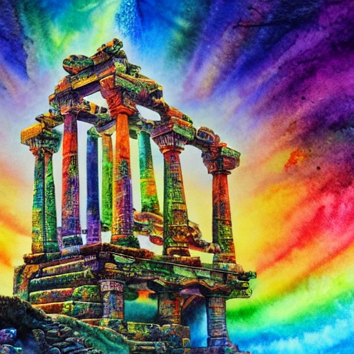   sci-fi beautiful ancient temple, rainbow background, in a epic landscape with a stream,  fantasy, flat light, ultra photo-realistic, intricate, watercolor on paper, masterpiece, expert, insanely detailed, 4k resolution, Trippy