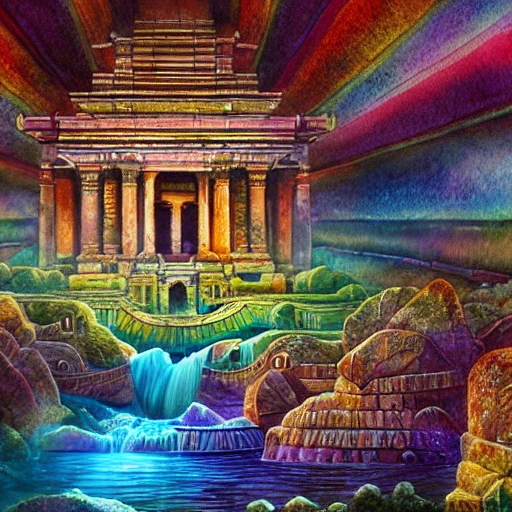   sci-fi beautiful ancient temple, rainbow background, in a epic landscape with a stream,  fantasy, flat light, ultra photo-realistic, intricate, watercolor on paper, masterpiece, expert, insanely detailed, 4k resolution, Trippy, Oil Painting, Pencil Sketch