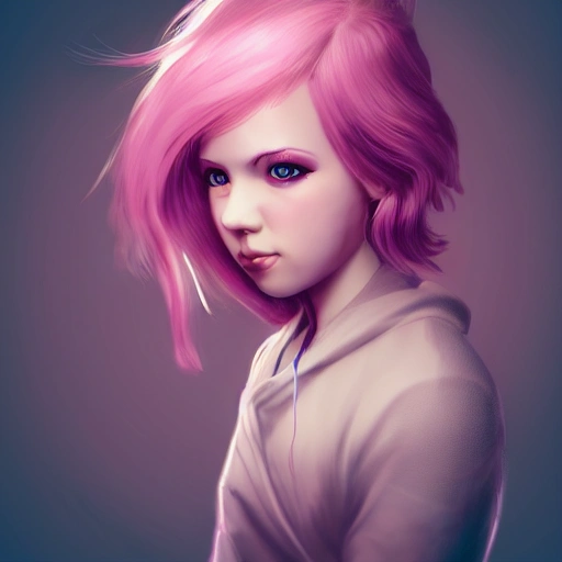 arcane style cute young girl, detailed, pink hair, cinematic lighting, detailed upscaled portrait, sharp focus