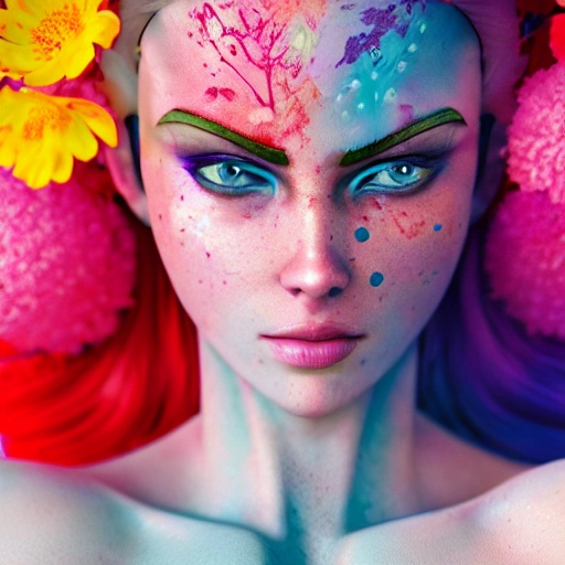 upper-body shot, 1beautiful woman, pretty face, perfect naked breast, colorful flower patterns, detailed blue eyes, extremely detailed, intricate, olumetric lighting, hyper realistic, concept art, awarding winning photography, octane render