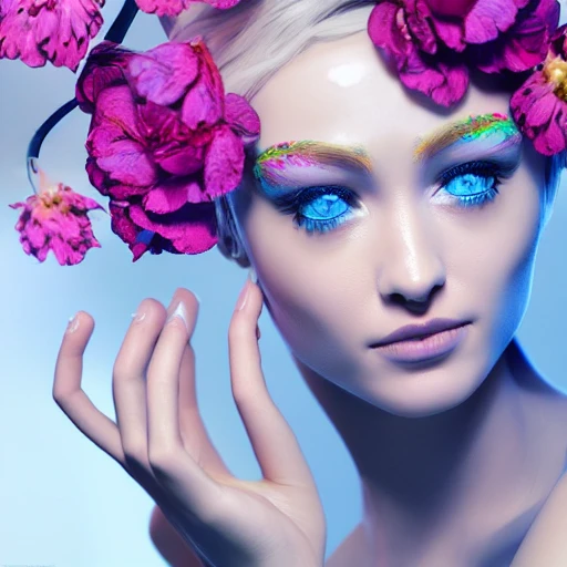 1beautiful woman, pretty face, perfect naked breast, colorful flower patterns, detailed blue eyes, extremely detailed, intricate, olumetric lighting, hyper-realistic, concept art, awarding winning photography, octane render, cream pie