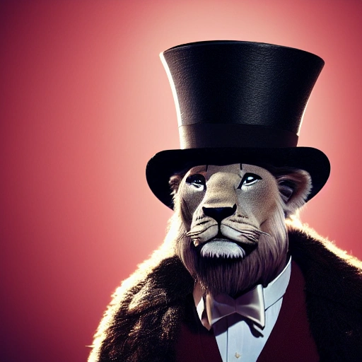 man with tophat and a lion, whip, octane render