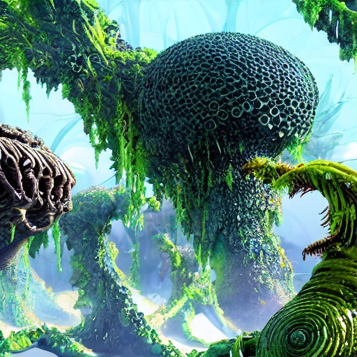 a highly detailed depiction of weird extraterrestrial macro worlds, weird biomechanical plants,a bunch of weird alien creatures ,GB Displacement, Scan Lines, Ray Tracing, Ambient Occlusion, Anti-Aliasing, OpenGL-Shaders, GLSL-Shaders, Post Processing, Post-Production, Cel Shading, Tone Mapping , 4k