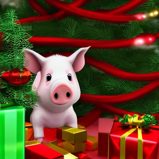 3d, rendered, home alone, pig in front of the christmas tree