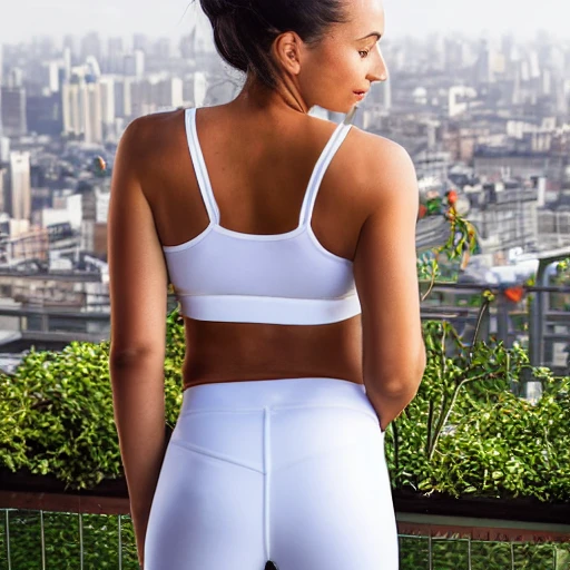 professional portrait photograph of Natalie Portmana, sweaty glowing skin, gorgeous symmetrical face, natural makeup, ((wearing white sports bra and white sports leggings)), toned stomach, perfect breasts, (long voluminous hair), elegant confident feminine pose, (rooftop garden in background), stunning background with city view, (light morning haze), highly detailed, intricate, sharp focus, (((depth of field))), (((f/1.8))), 85mm, medium shot, mid shot, (((professionally color graded))), bright soft diffused light, (volumetric fog), trending on instagram, hdr 4k, 8k