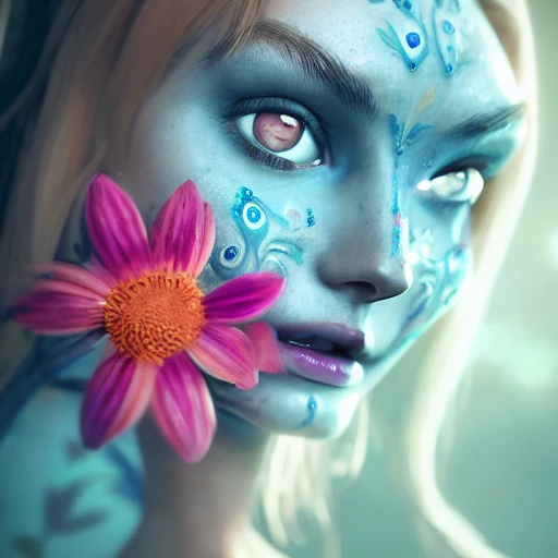 upper-body shot, 1beautiful woman, pretty face, perfect naked breast, colorful flower patterns, detailed blue eyes, extremely detailed, intricate, olumetric lighting, hyper realistic, concept art, awarding winning photography, octane render