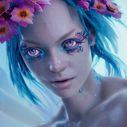 upper-body shot, 1beautiful woman, pretty face, perfect naked breast, colorful flower patterns, detailed blue eyes, extremely detailed, intricate, olumetric lighting, hyper realistic, concept art, awarding winning photography, octane render