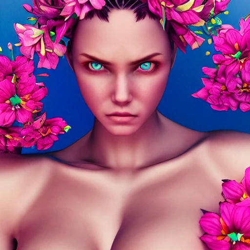 upper-body shot, 1beautiful woman, pretty face, perfect naked breast, colorful flower patterns, detailed blue eyes, extremely detailed, intricate, olumetric lighting, hyper realistic, concept art, awarding winning photography, octane render