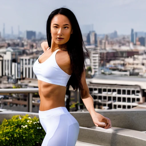 professional portrait photograph of a model, sweaty glowing skin, gorgeous symmetrical face, natural makeup, ((wearing white sports bra and white sports leggings)), toned stomach, perfect breasts, (long voluminous hair), elegant confident feminine pose, (rooftop garden in background), stunning background with city view, (light morning haze), highly detailed, intricate, sharp focus, (((depth of field))), (((f/1.8))), 85mm, medium shot, mid shot, (((professionally color graded))), bright soft diffused light, (volumetric fog), trending on instagram, hdr 4k, 8k