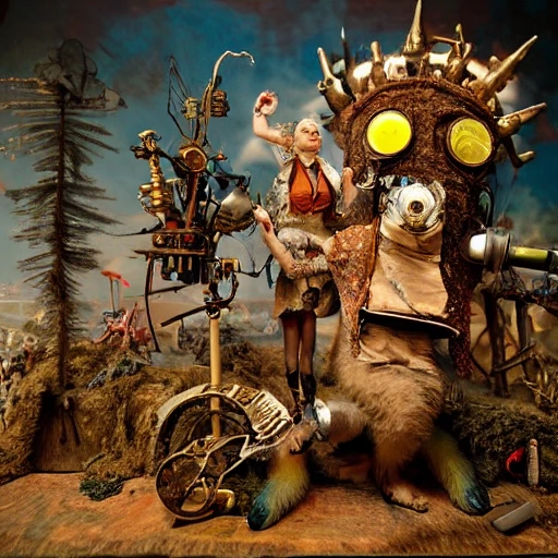 colorful and fantastical dieselpunk diorama world of "Where the Wild Things Are", a cutaway diagram of dieselpunk realistic stilts malinke head ,maximalist ,by Kim Keever, flickr, alexander mcqueen, roberto ferri, souls, albert watson, 4k, otto dix and ryohei hase