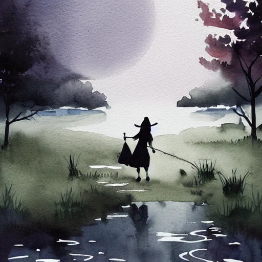 witch girl walking , sunset Beautiful light. Water and plants. Nice colour scheme, soft warm colour. Beautiful detailed watercolor black and white
