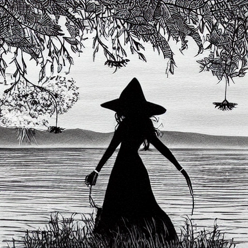 witch girl walking , sunset Beautiful light. Water and plants. Nice colour scheme, soft warm colour. Beautiful detailed  black and white
