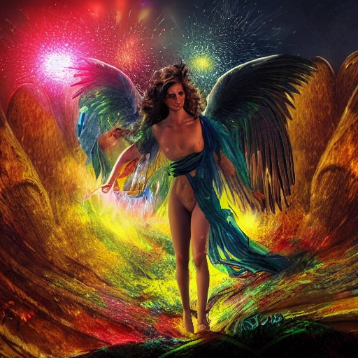 happy new year angel tarot card  environment, complex, wide view + realistic, maximalist, spectacular details, 8K, concept art, cinematic, atmospheric, epic composition, dramatic light, + vibrant colors, high contrast 