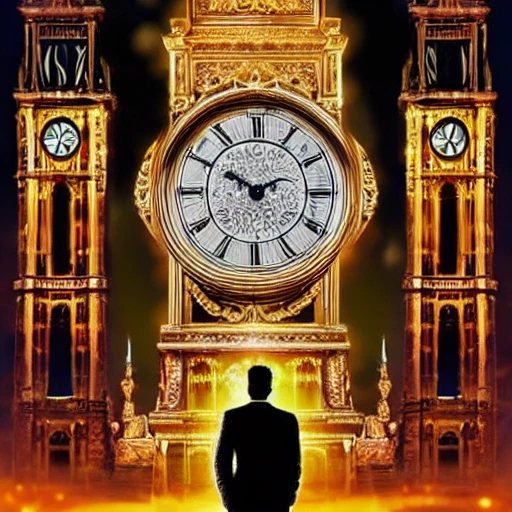 Create a surrealist design featuring a person standing in front of a large, ornate clock that is showing the time 11:59pm. The clock should be surrounded by a glowing aura of light, and the person should be wearing a party hat and holding a champagne glass in one hand. In the background, there should be a city skyline with fireworks exploding in the sky. The words "Happy New Year" should be writte