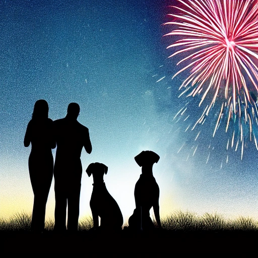 Two people and a Great Dane dog watching fireworks from a hill at night, bold colours, photorealism, 4 k, wide angle lens