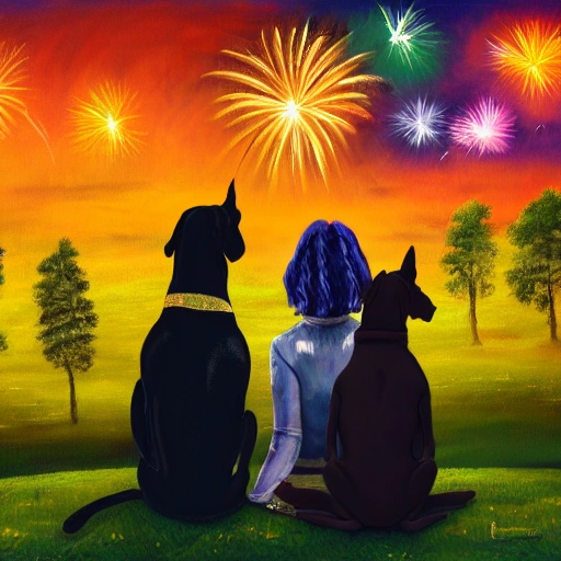 Two people and a Great Dane dog watching fireworks from a hill at night, bold colours, photorealism, 4 k, wide angle lens, Oil Painting