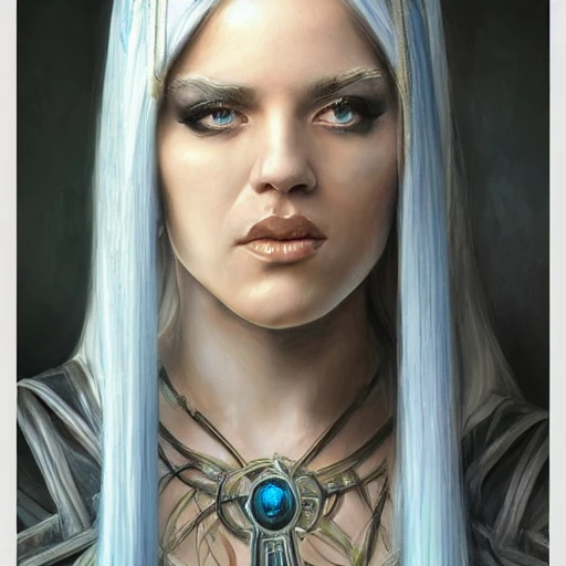 portrait of Alissa White-Gluz as a beautiful, powerful and dedicated priestess of Mystra. She has long blue hair with nothing in her hair. She wears white robes. Draw as a fantasy d&d character, portrait art by donato giancola and bayard wu, digital art, trending on artstation, 4k
