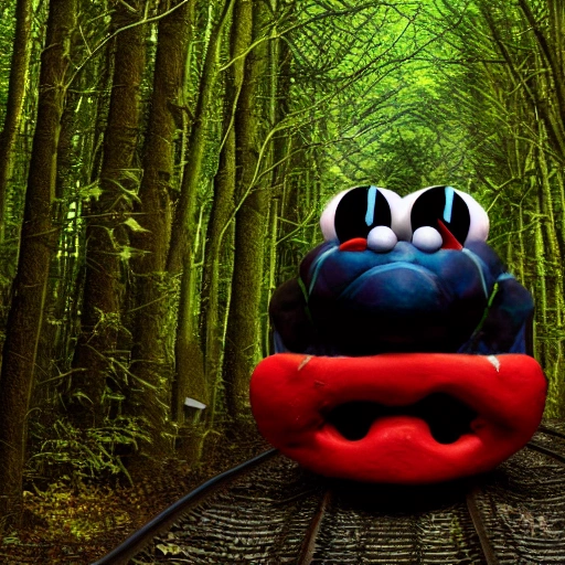 clown face demon train with spider legs in a large dark forest