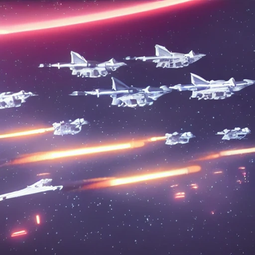 
photo of a large spaceship carrier surrounded by 8 smaller starfighters flying in formation, cinematic lighting, octane render,  3D