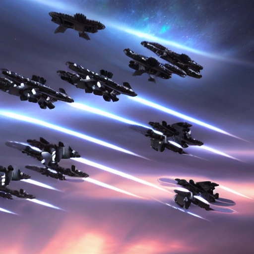 
photo of a large spaceship carrier surrounded by 8 smaller starfighters flying in formation, cinematic lighting, octane render,  3D