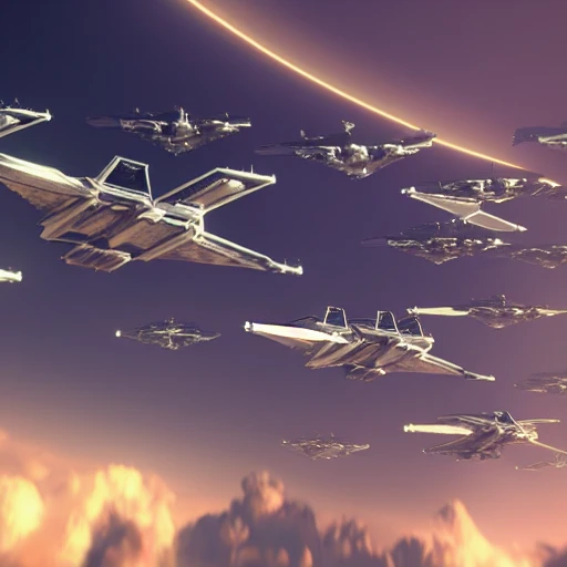 
distant photo of a large spaceship carrier surrounded by 8 smaller starfighters flying in formation, cinematic lighting, octane render,  3D