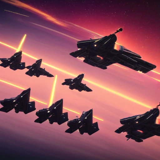 distance photo of a large spaceship carrier surrounded by 8 smaller starfighters flying in formation, outer space background,  (in the style of Star Wars), cinematic lighting, octane render,  3D