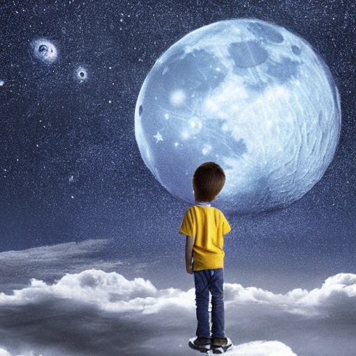 a boy standing on the moon and looking at the galaxy, realistic, highly detailed