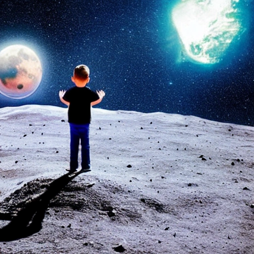 a boy standing on the moon and looking at the galaxy, realistic, highly detailed, Trippy