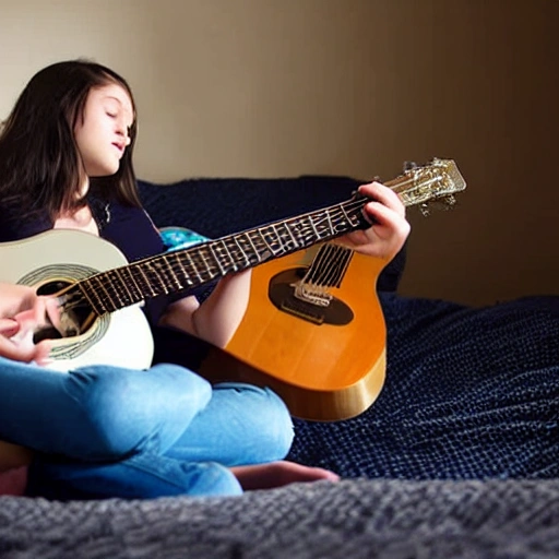 14 year old girl playing guitar on a futon