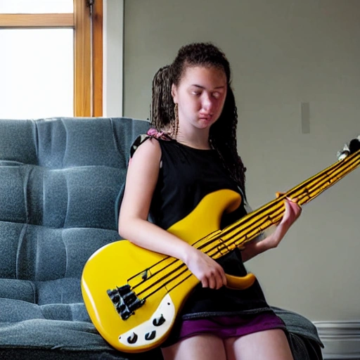 14 year old girl playing bass guitar on a futon in a dungeon
