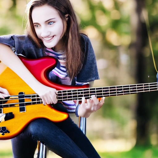 14 year old girl playing bass guitar on stage