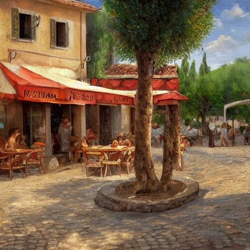 a traditional pizzeria in the street of a small village on the riviera. a terrace in the shade of a hundred - year - old olive tree, a friendly atmosphere around pizzas and rose wine. dolce vita. unreal engine rendering, hyper realist, ultra detailed, oil painting, warm colors, happy, impressionism, da vinci