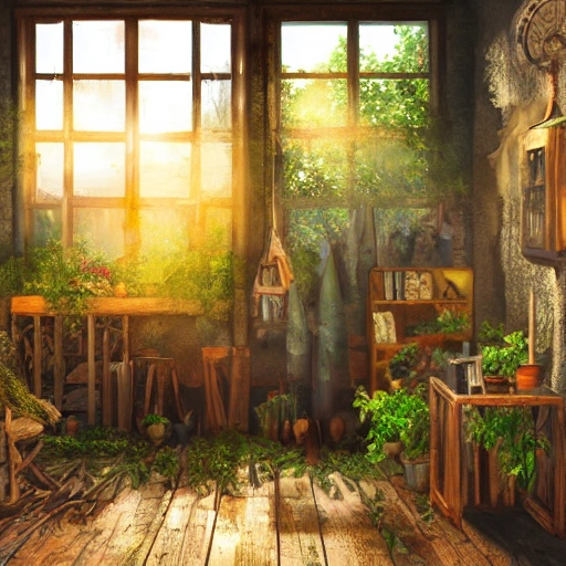 rustic oil painting, interior view of a cluttered herbalist cottage, waxy candles, wood furnishings, herbs hanging, light bloom, dust, ambient occlusion, rays of light coming through windows, oil painting