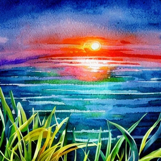 Happy 2023 new year message  , sunrise, Beautiful light, Water and plants. Nice colour scheme, soft warm colour. Beautiful detailed  water color
, Water Color