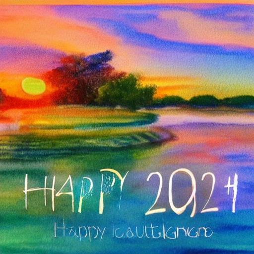 "Happy 2023" message, sunrise, Beautiful light, Water and plants. Nice color scheme, soft warm color, Beautiful detailed, Water Color