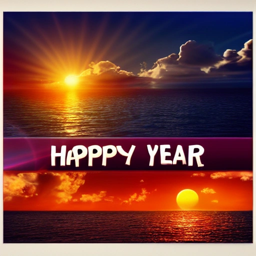 "Happy New Year" poster, sunrise, Beautiful warm light, Sea and Rising Sun, soft warm color, Beautiful detailed, 3D render,