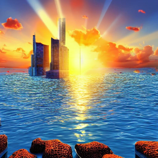 Happy 2023 postermessage, sunrise, Beautiful warm light, Sea and Rising Sun, soft warm color, Beautiful detailed, 3D render,, Cartoon