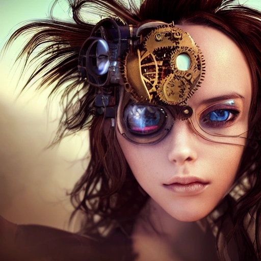 side close up portrait of 1 girl, steampunk, windblown long hair, detailed face, spotlight, steampunk city, multicolored, hyperrealistic, photografic, 8k, epic ambient light, octane render