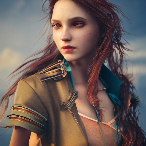 side close up portrait of 1 girl, steampunk, windblown long hair, detailed face, spotlight, steampunk city, multicolored, hyperrealistic, photografic, 8k, epic ambient light, octane render