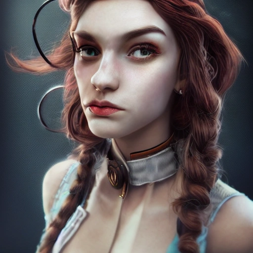 side close up portrait of 1 girl, steampunk, windblown long hair, detailed face, spotlight, steampunk city, multicolored, hyperrealistic, photografic, 8k, epic ambient light, octane render, Cartoon, , Pencil Sketch